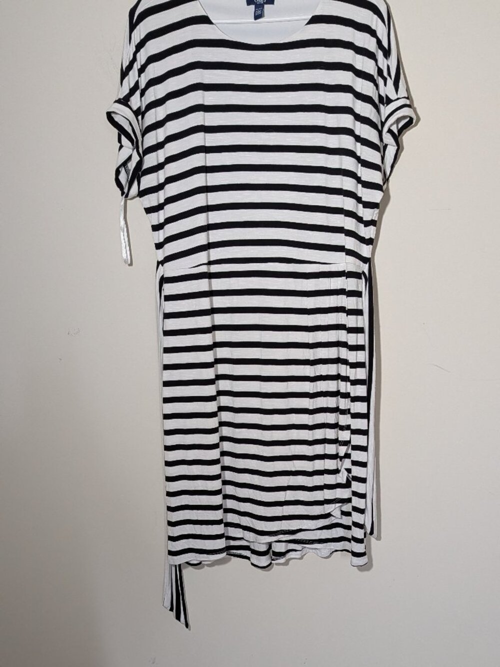Chaps Faux Wrap Up Tie Back Striped Lined Boat Neck Midi Dress Sz XL Black White